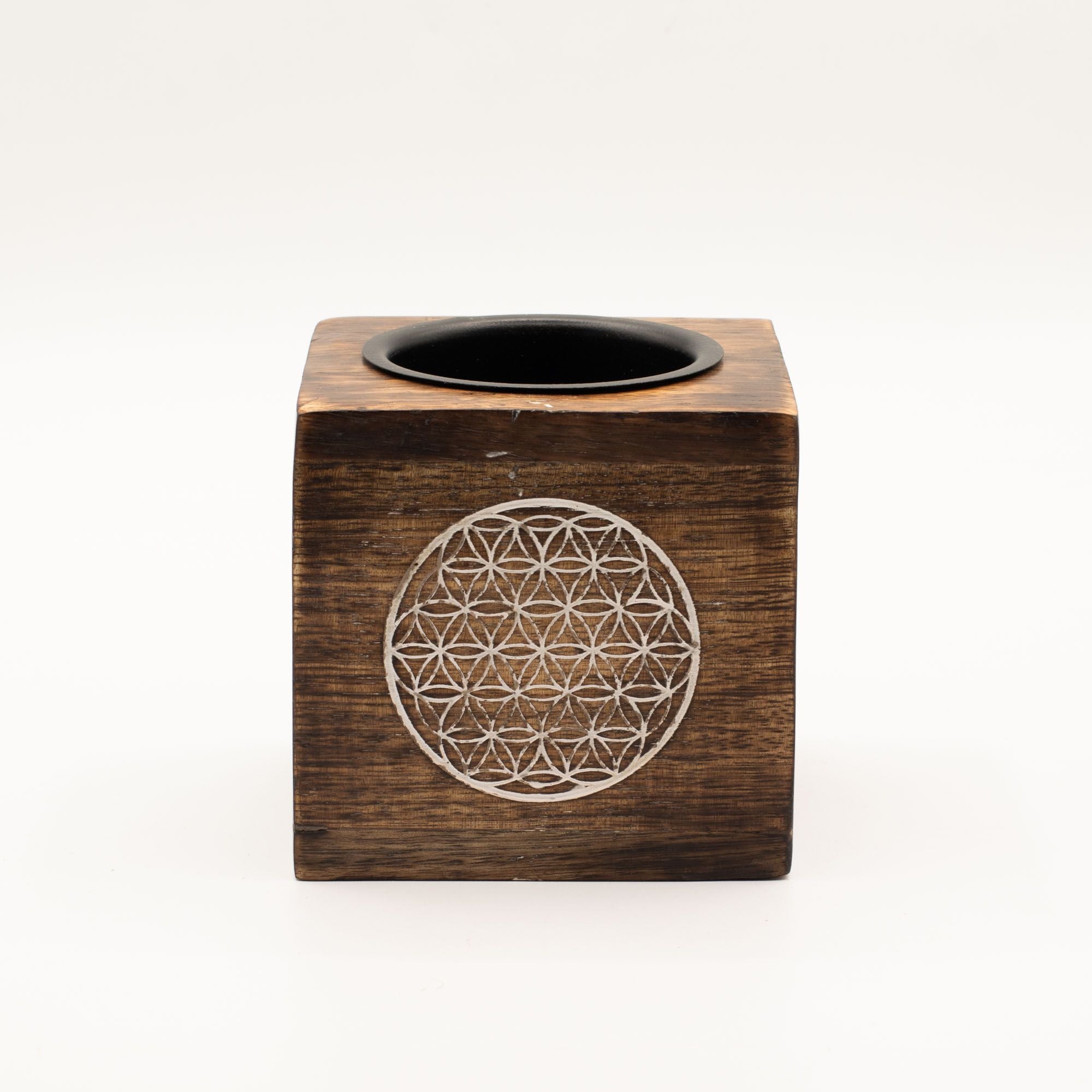 Square Mango Wood Oil Burner with Flower of Life Design