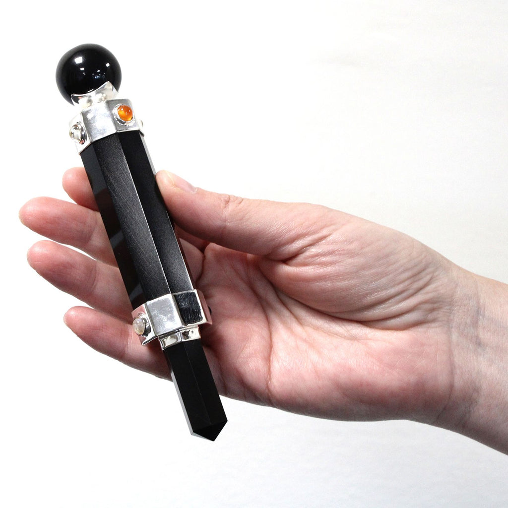 Hexagonal Black Agate Crystal Healing Wand 12cm for Display Use
