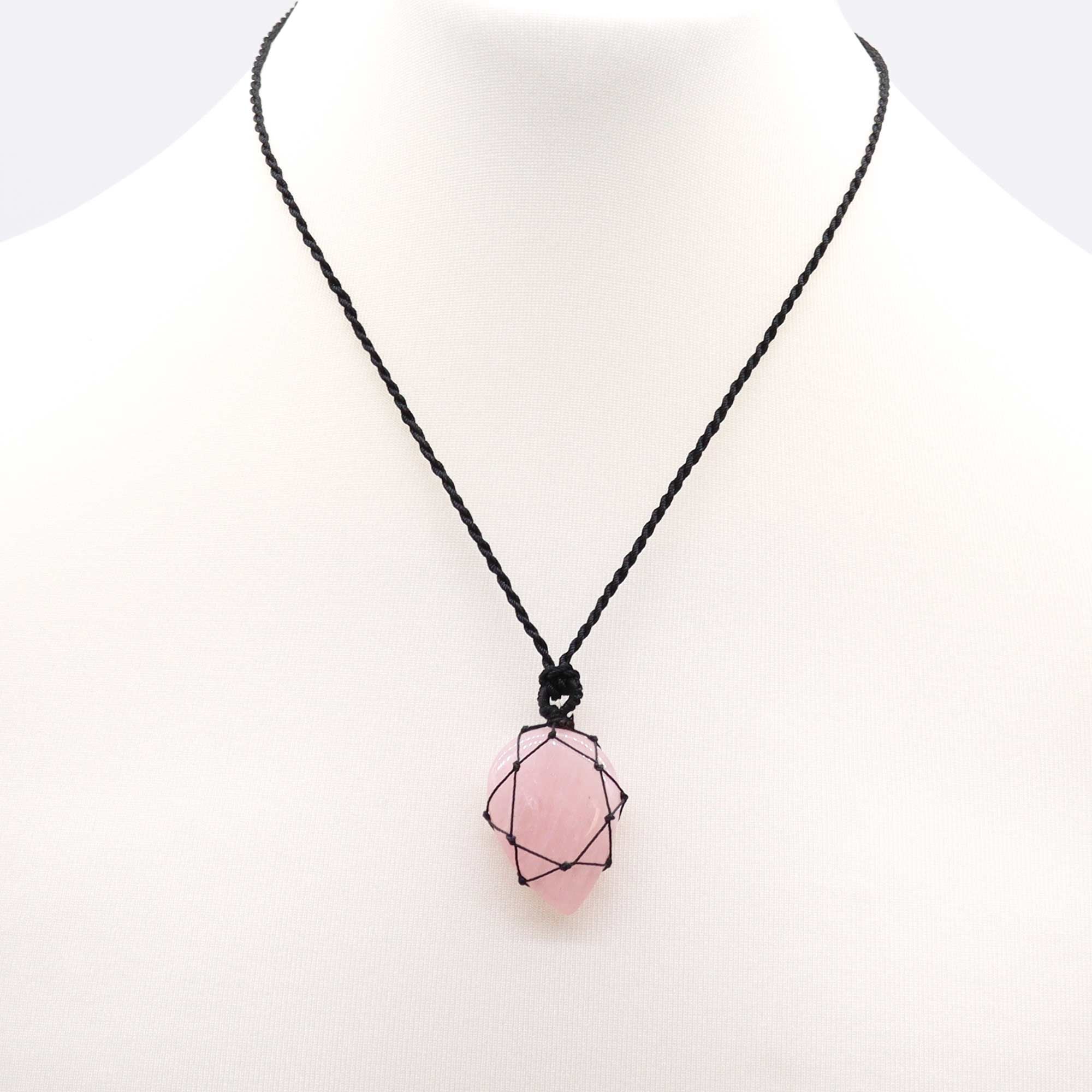 Laced Gemstone Teardrop Pendant in Rose Quartz with Adjustable String