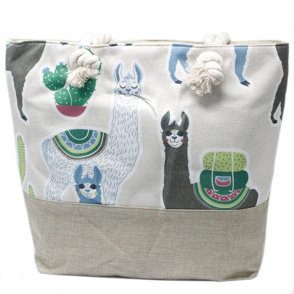 Rope Handle Bag Featuring Llamas in Vintage Green and Beige Tones