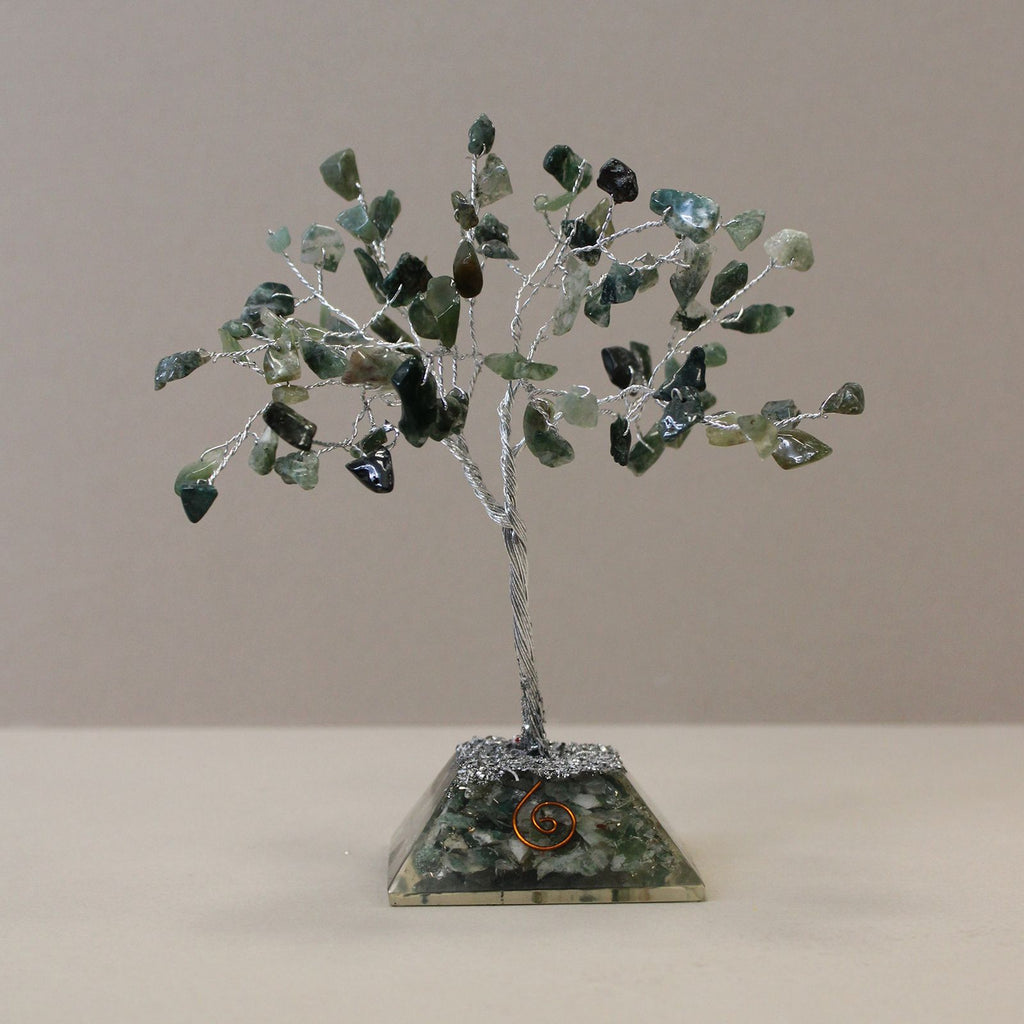 Moss Agate Gemstone Tree with Orgonite Base for Home Decor