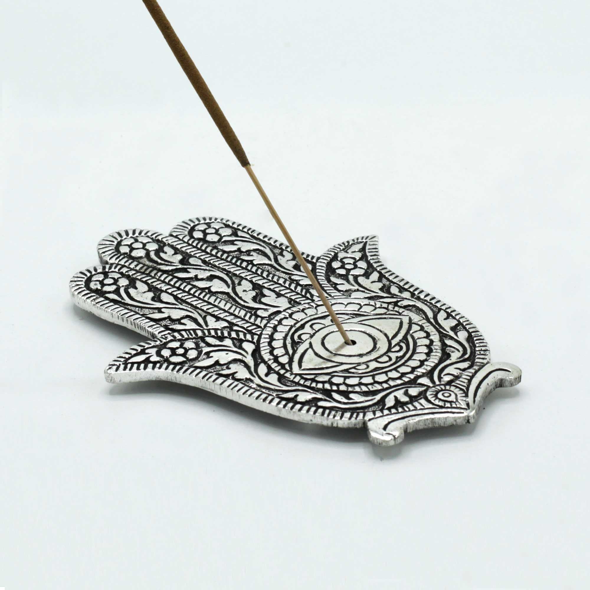 Polished Aluminium Hamsa Incense Holder 14cm for Home Decor