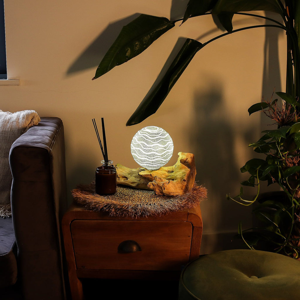 DriftGlow Lamp with Grey Luna Shade and Unique Driftwood Base