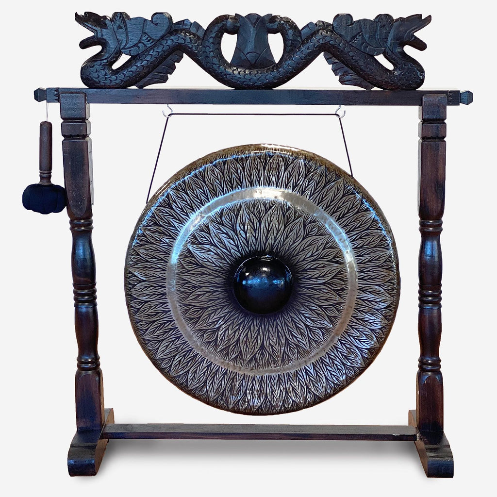 Large Gong in Brown Antique Stand 80cm with Black Pattern Design