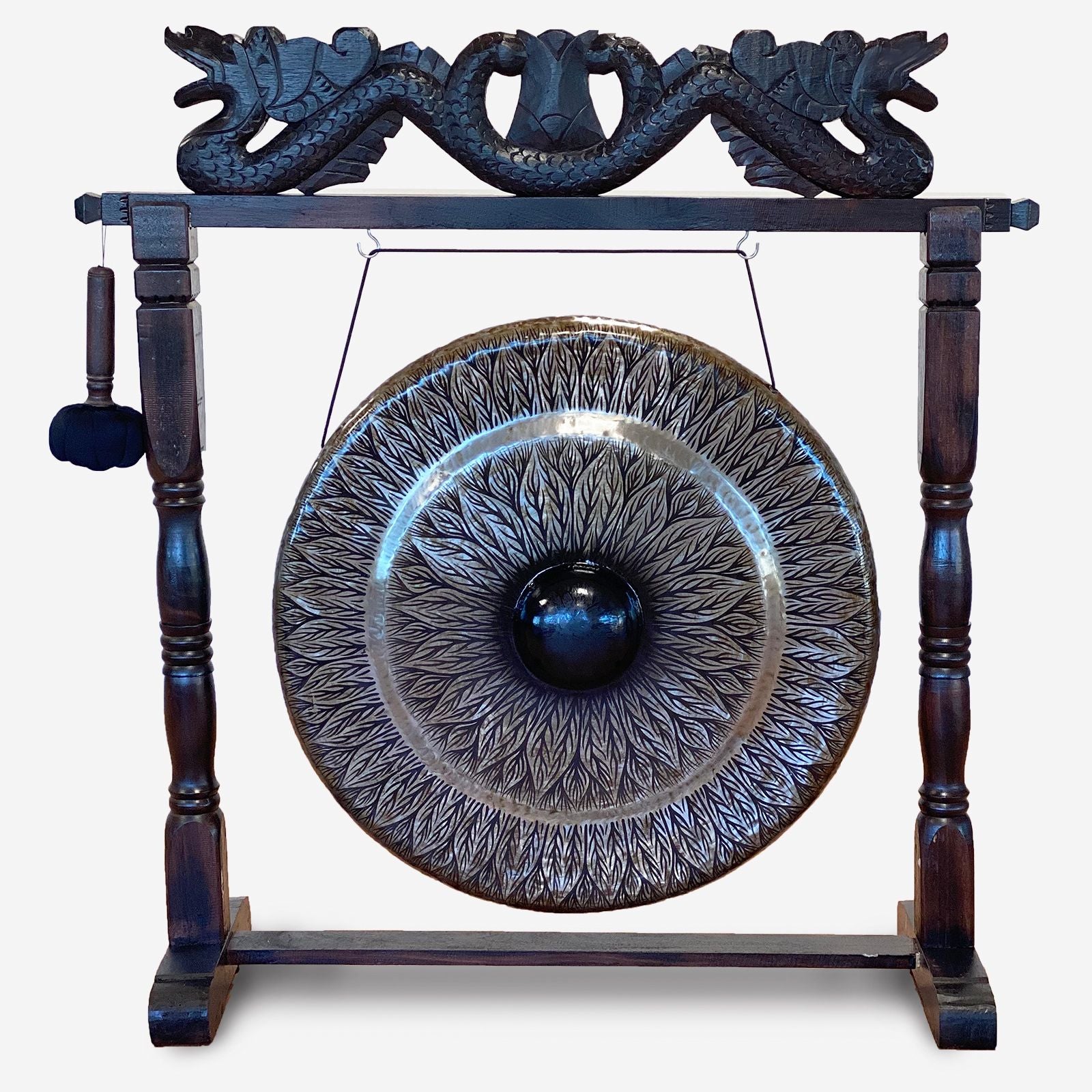 Large Gong in Brown Antique Stand 80cm with Black Pattern Design