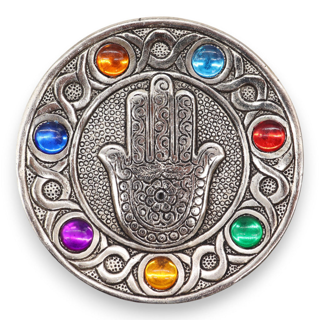 Seven Chakra Hamsa Incense Holder with Vibrant Chakra Design