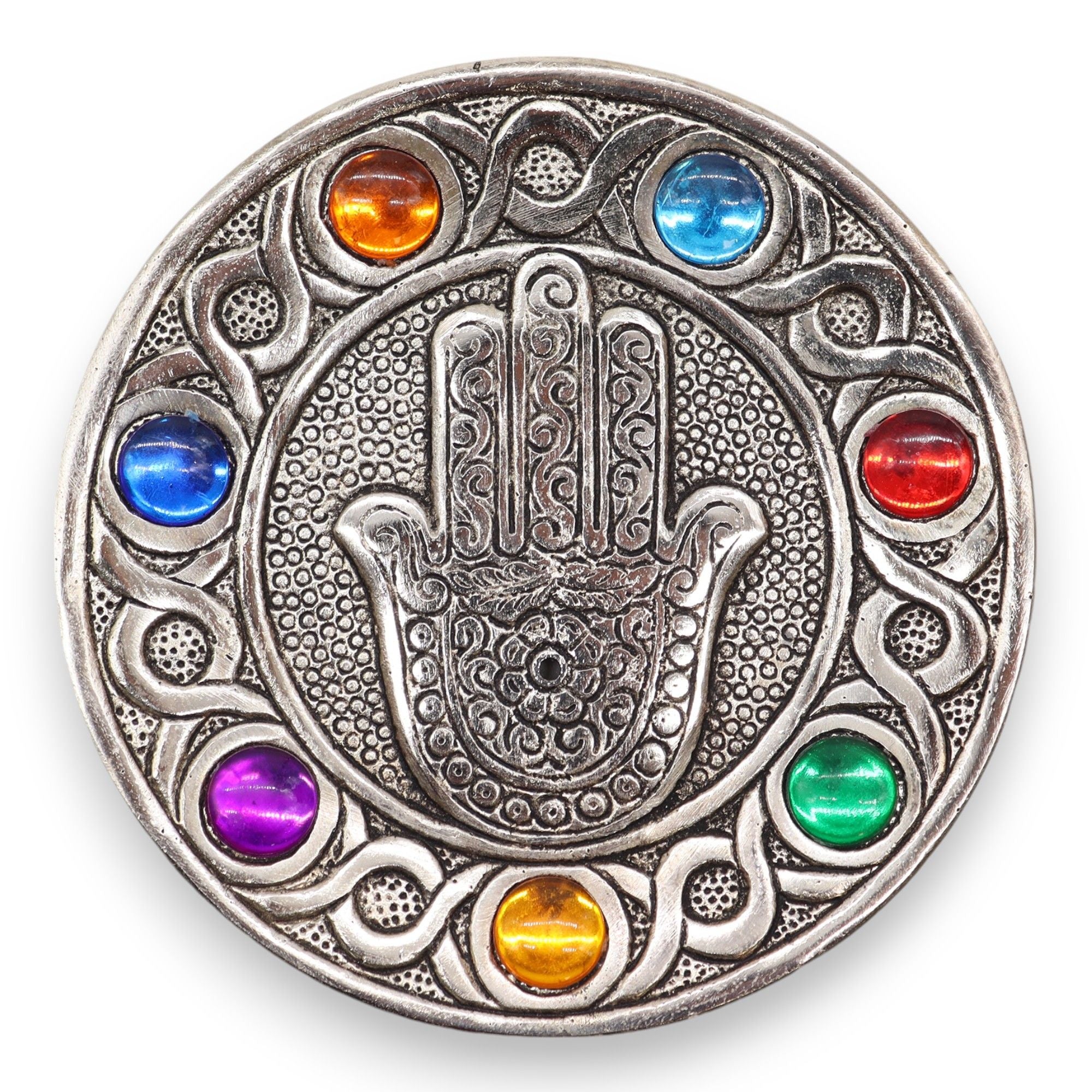 Seven Chakra Hamsa Incense Holder with Vibrant Chakra Design