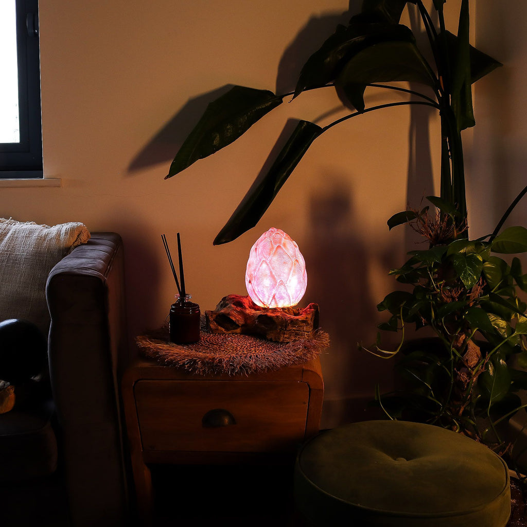 DriftGlow Lamp with Crackle Lotus Flower Shade in Purple