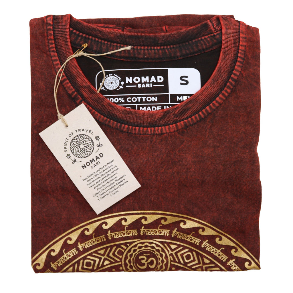 Nomad Sari Stonewashed Cotton T Shirt with Chakra Design in Maroon