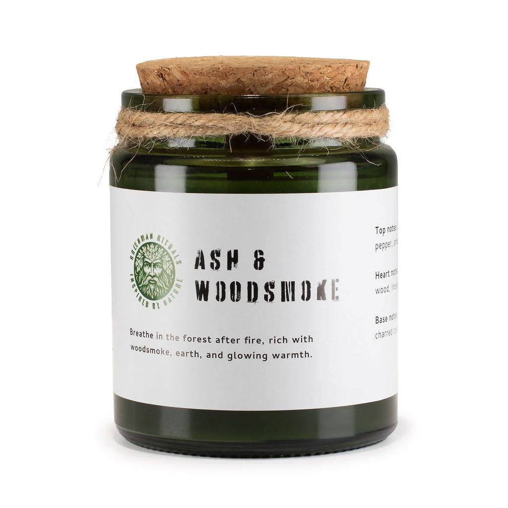 Greenman Woodwick Soy Candle Ash and Woodsmoke in Green Jar