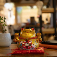 Japanese Lucky Cat Ceramic Money Box on Cushion – Gold