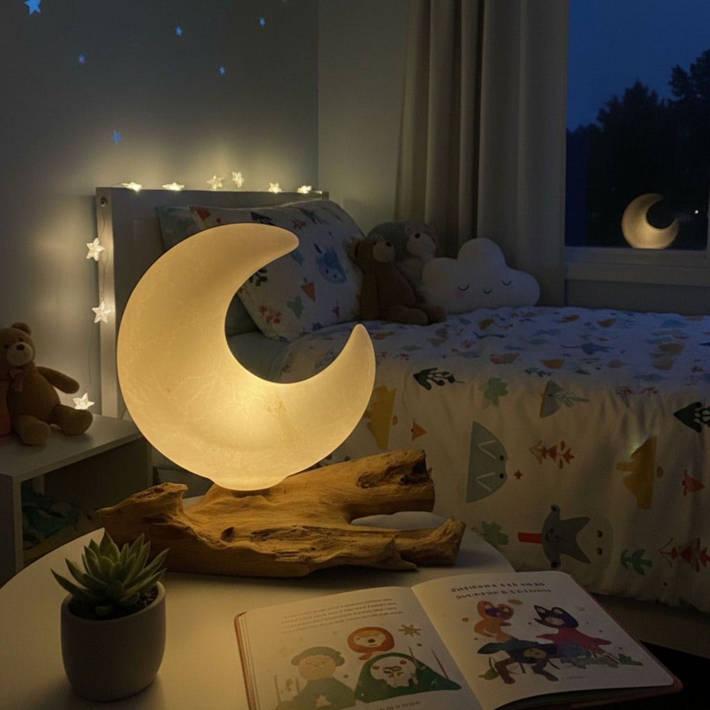 DriftGlow Lamp with Crackle Half Moon Shade in Grey Design