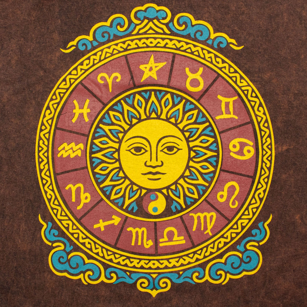 Nomad Sari Stonewashed Cotton T Shirt with Sun and Zodiac Design