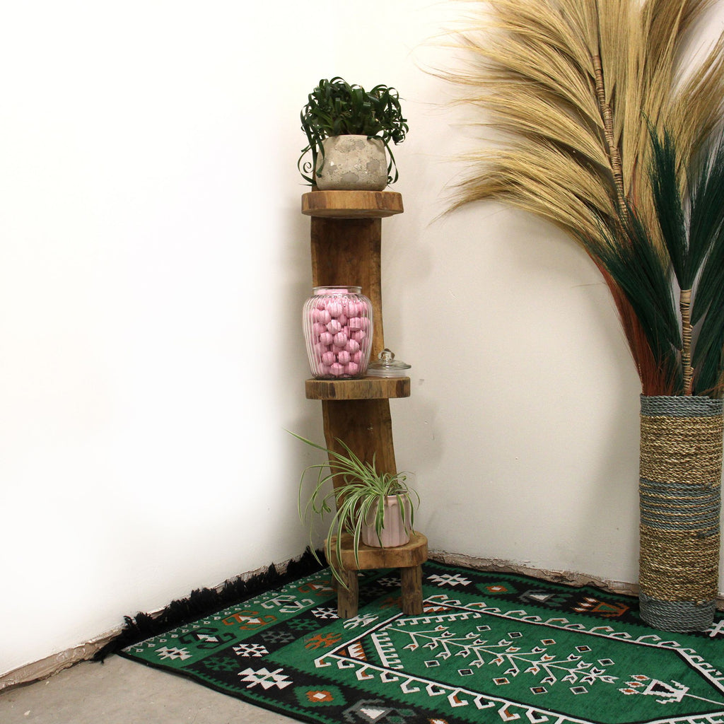 Natural Teak Log Shelve Display Unit with 3 Rustic Shelves