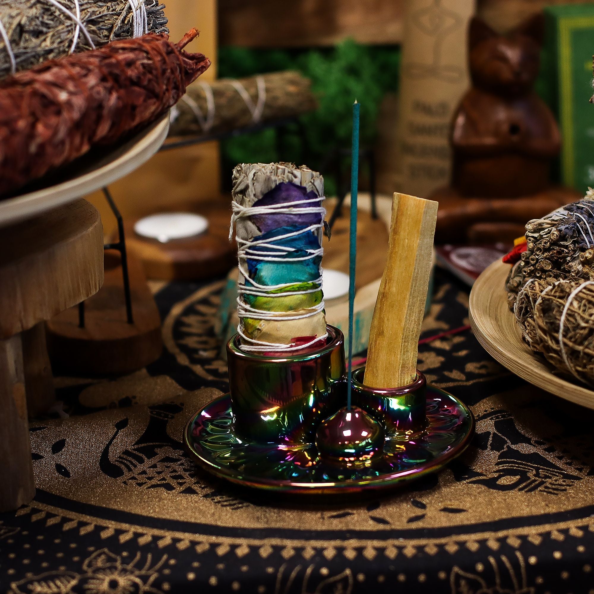 Palo Santo Stick Smudge Holder with Mandala Metallic Rainbow Design