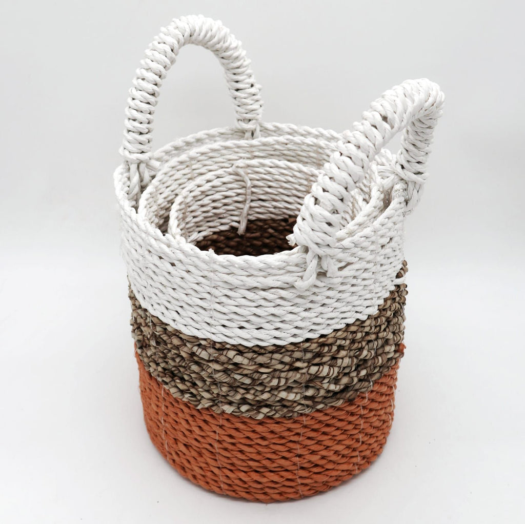 Seagrass Basket Set in Orange Natural and White for Storage