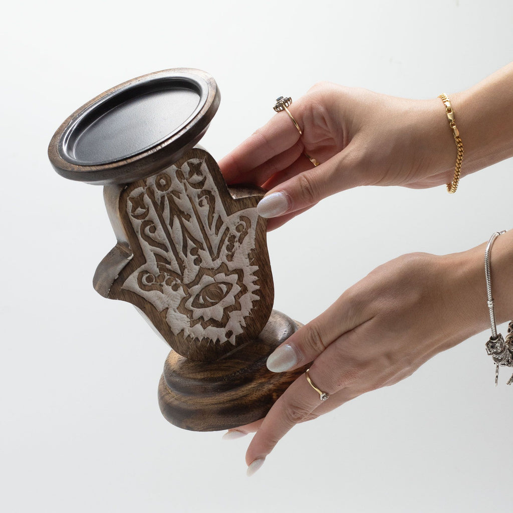 Mango Wood Candle Stand with Hamsa Design for Home Decor