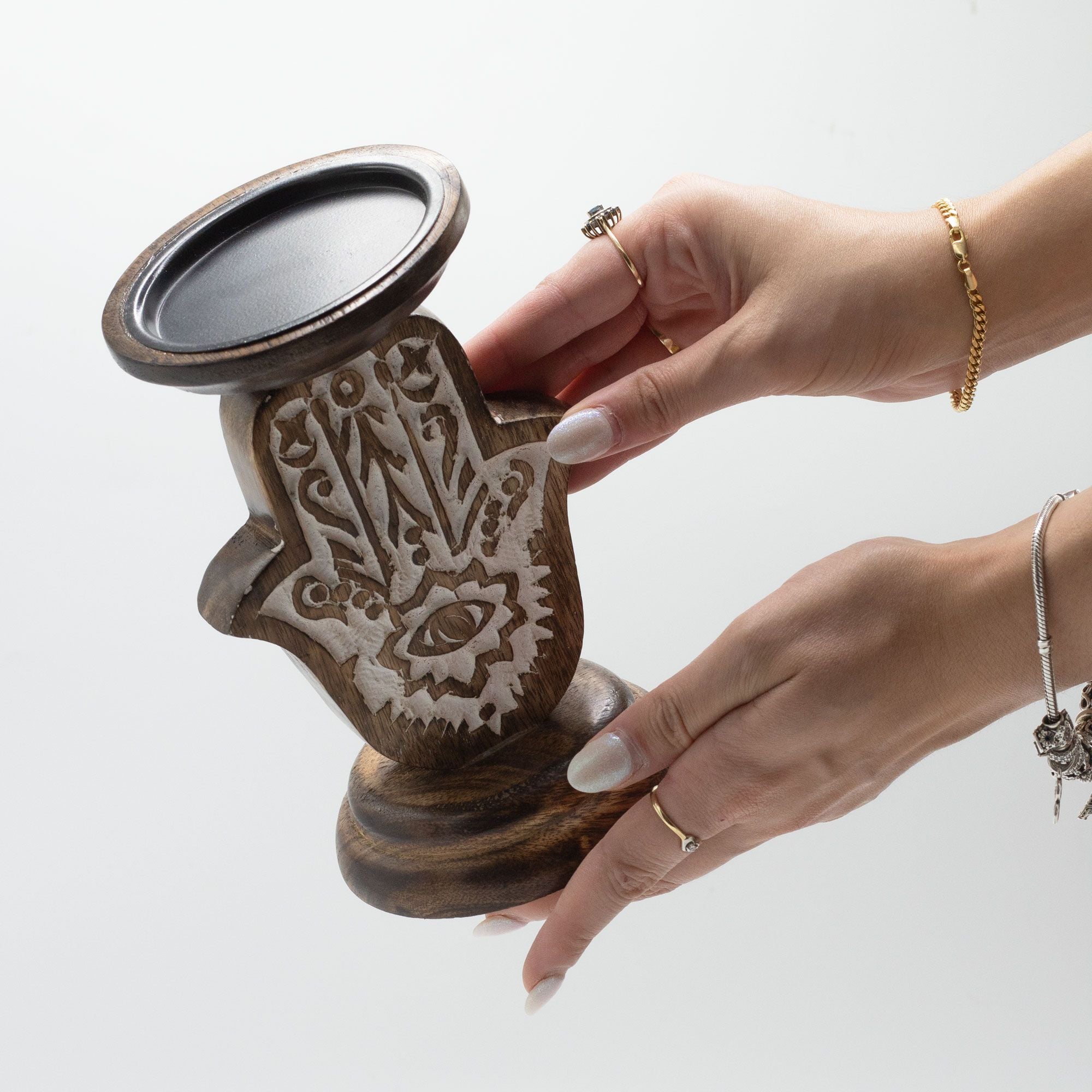 Mango Wood Candle Stand with Hamsa Design for Home Decor