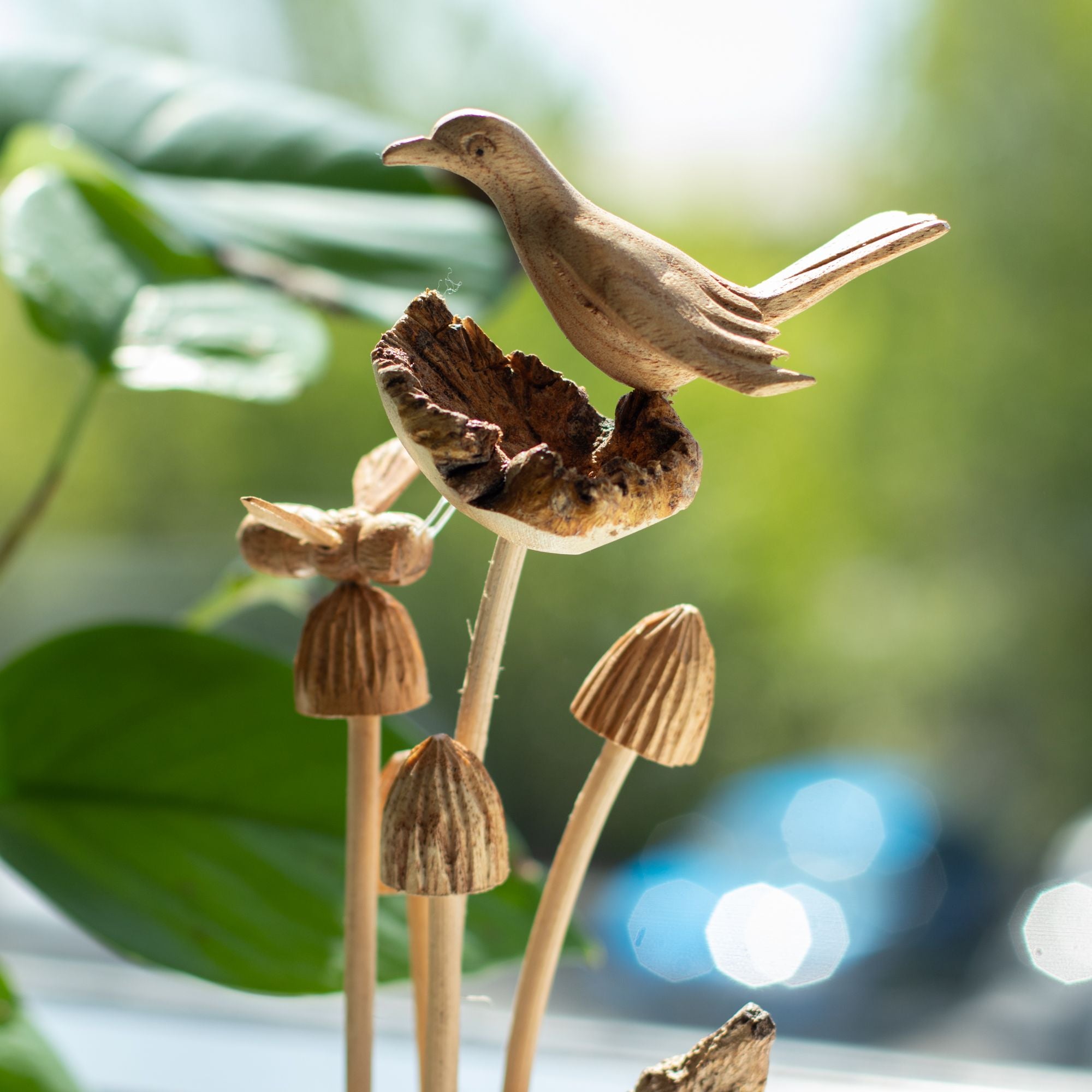 Handmade Parasite Wood Art Carving with Bird and Bee on Mushrooms