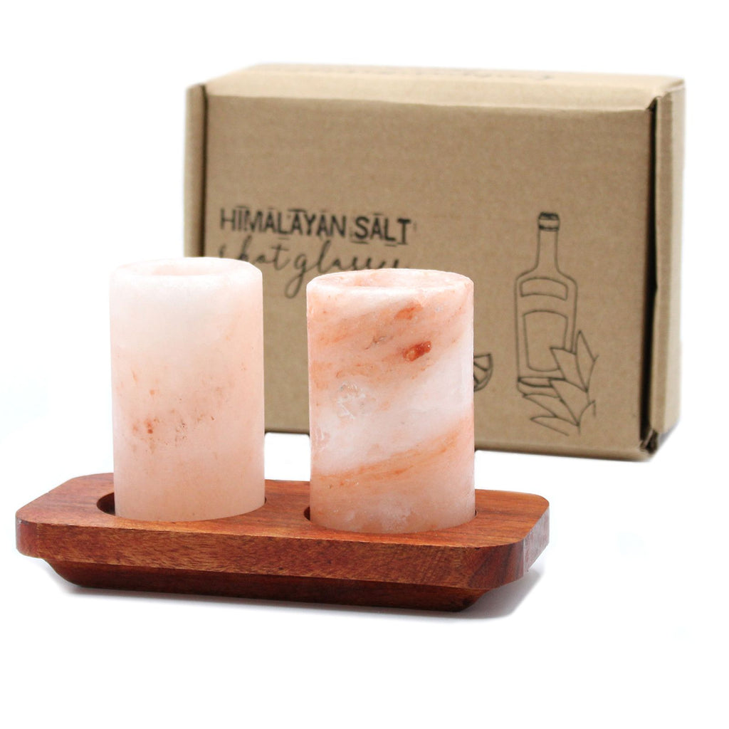 Set of 2 Himalayan Salt Shot Glasses with Wood Serving Stand