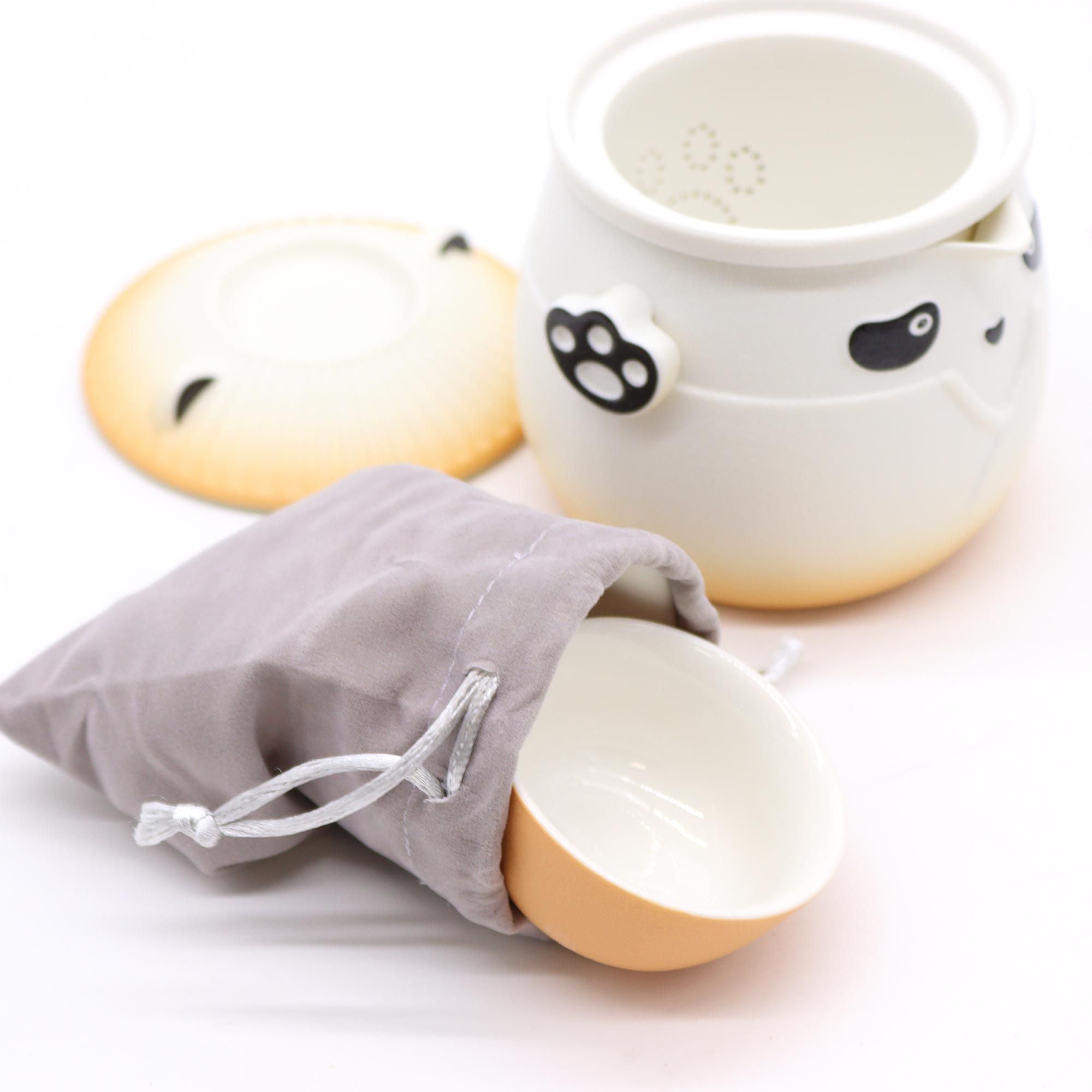 Panda Teapot Set with Three Cups in Vibrant Orange Design
