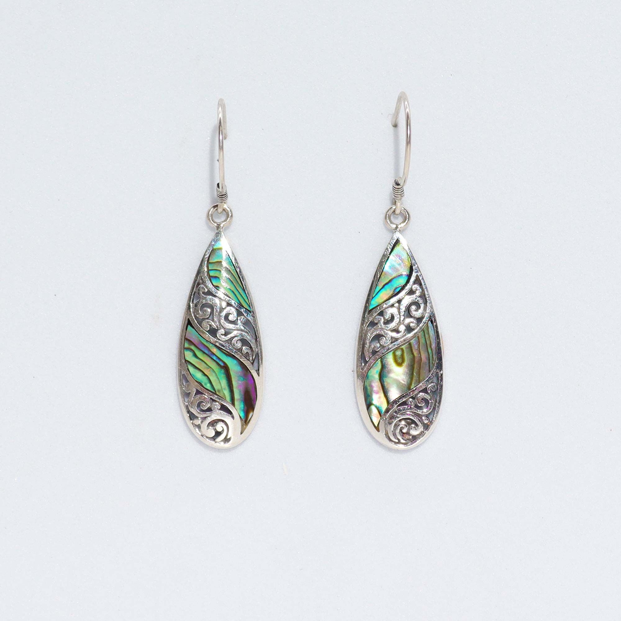Shell and Silver Earrings in Long Teardrop Design with Abalone