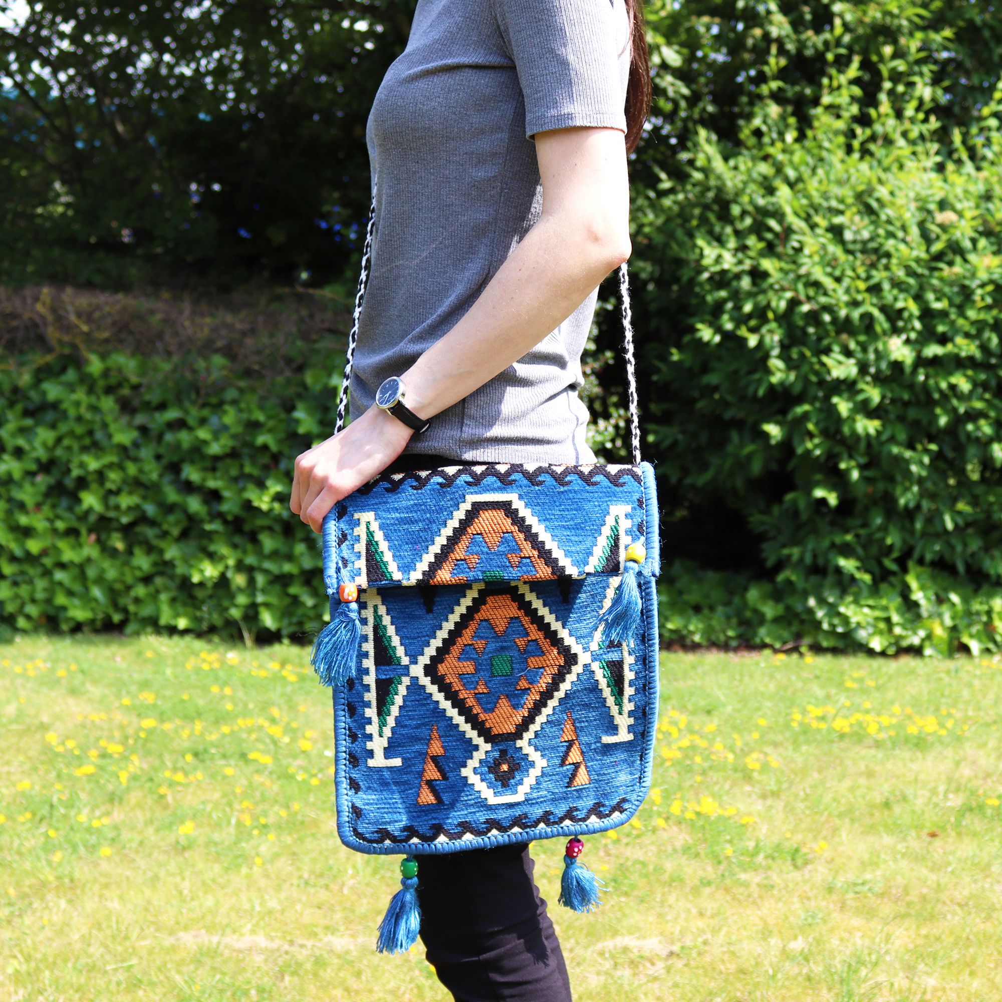 Sky Blue Kilim Messenger Festival Bag for Summer Adventures