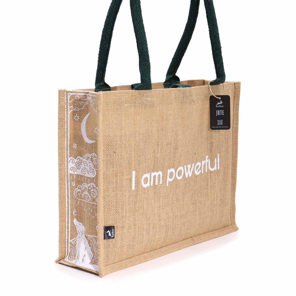 Hop Hare Jute Big Bag with Moon and Wolf Design I am Powerful