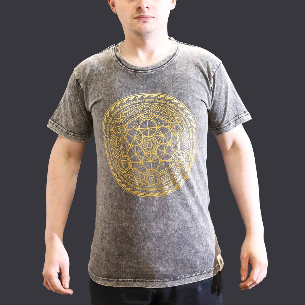 Nomad Sari Stonewashed Cotton T Shirt with Chakra Design Dark Grey
