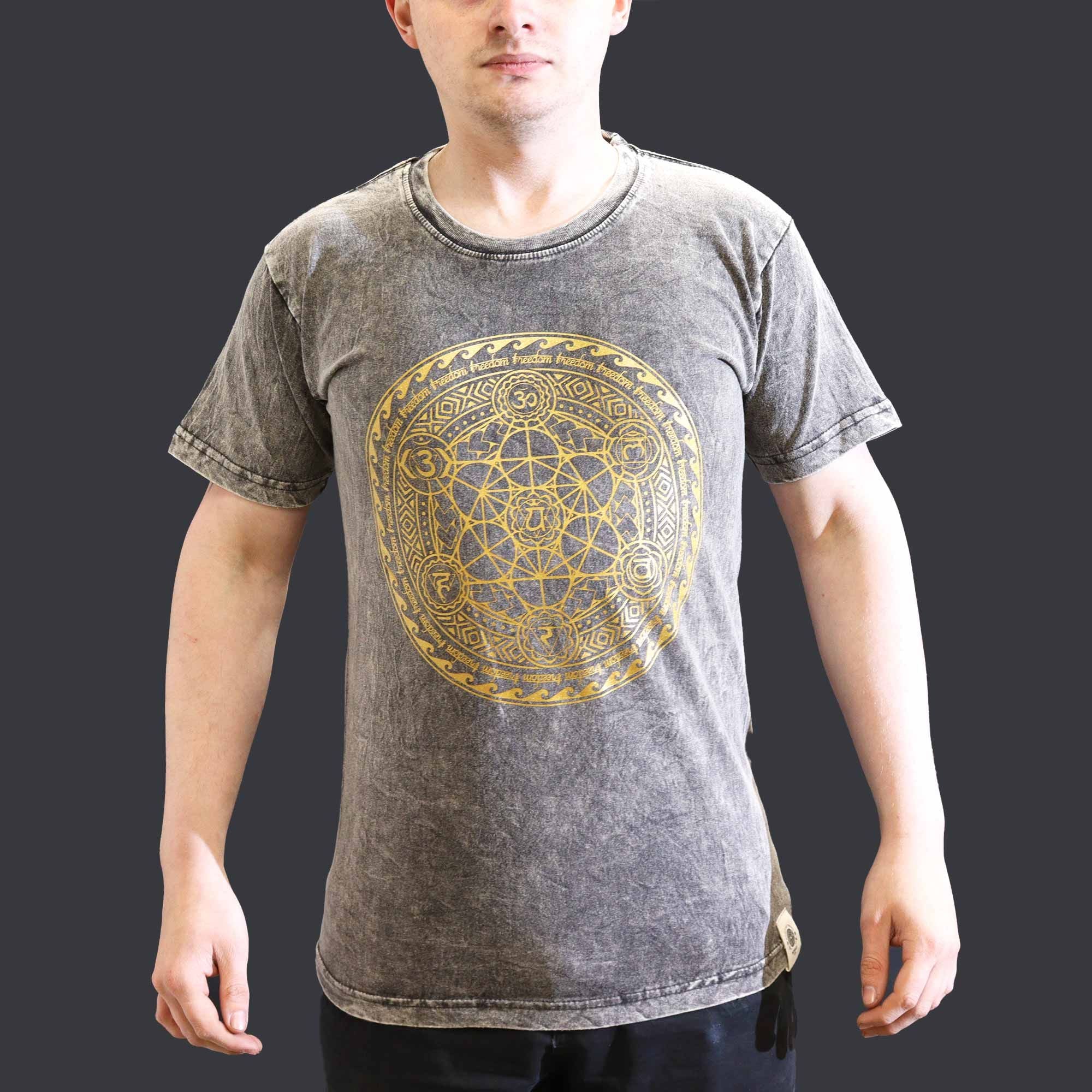 Nomad Sari Stonewashed Cotton T Shirt with Chakra Design Dark Grey