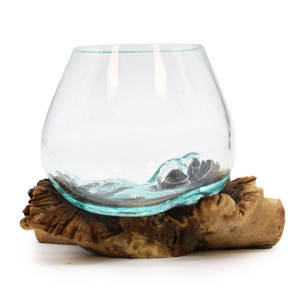 Molten Glass Decorative Bowl on Unique Rare Parasite Wood Base