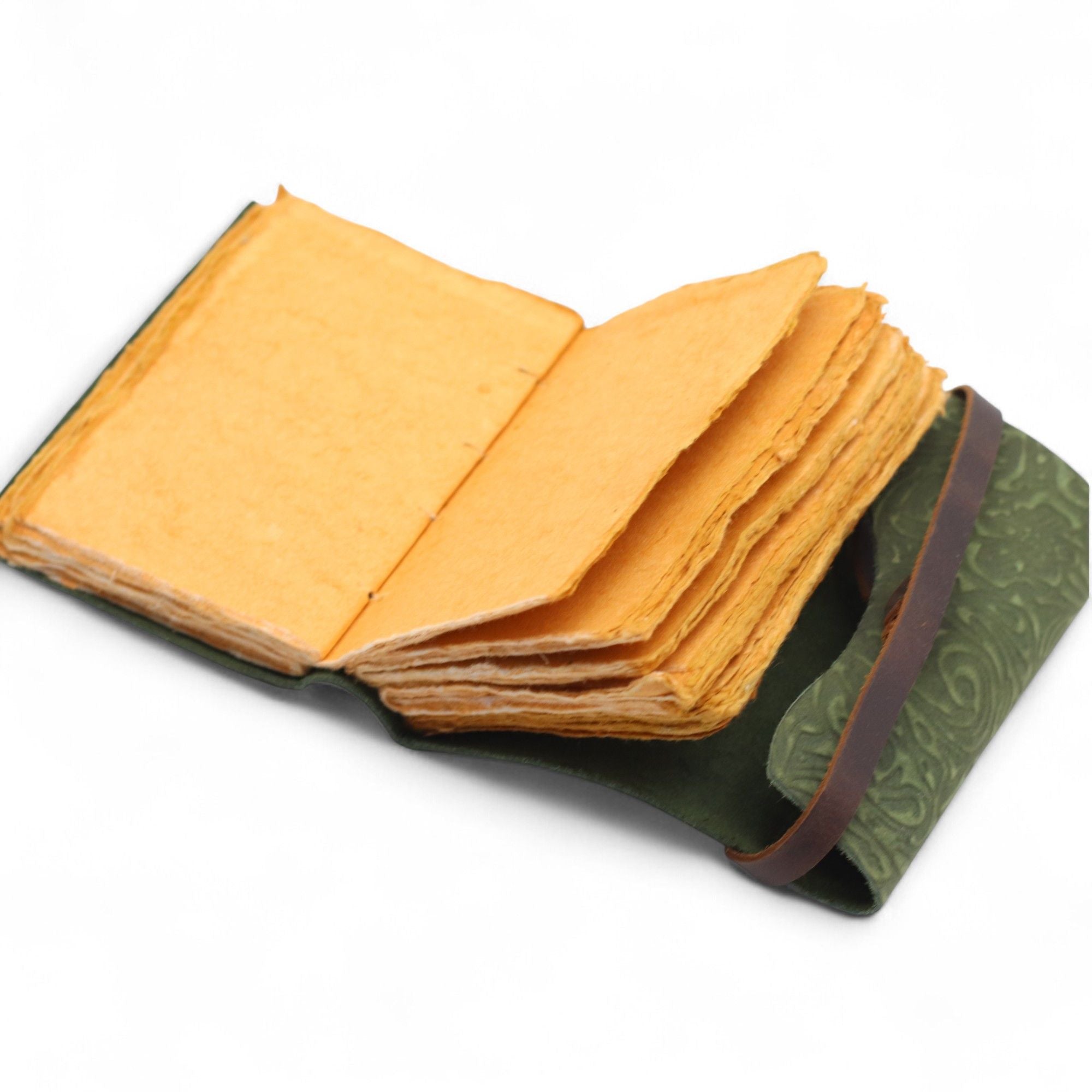 Fat Deckled Leather Notebook with Green Maze Pattern for Writing