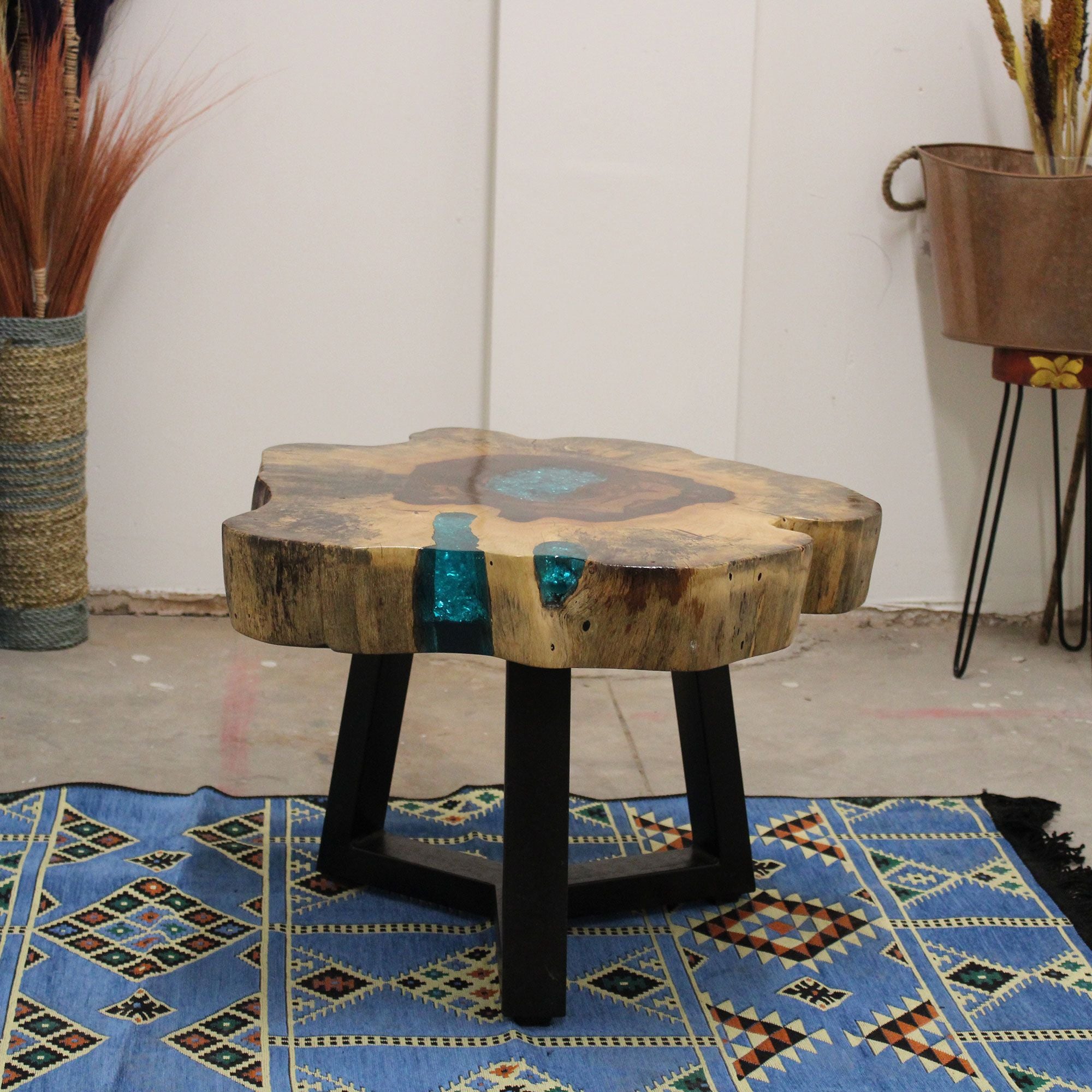 Tamarind and Resin Coffee Table in Aqua for Modern Interiors