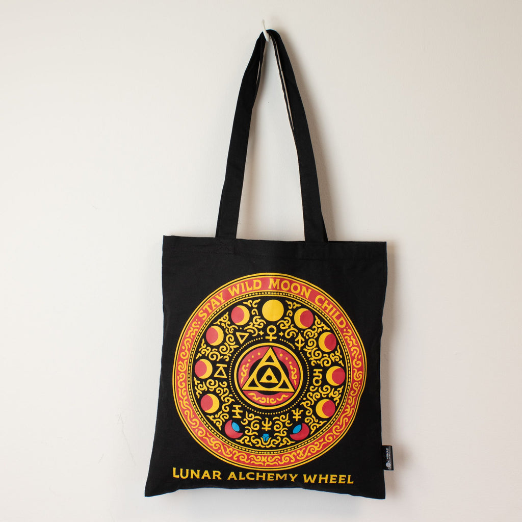 Iconic Classic Tote Bag with Luna Alchemy Wheel Design in Black