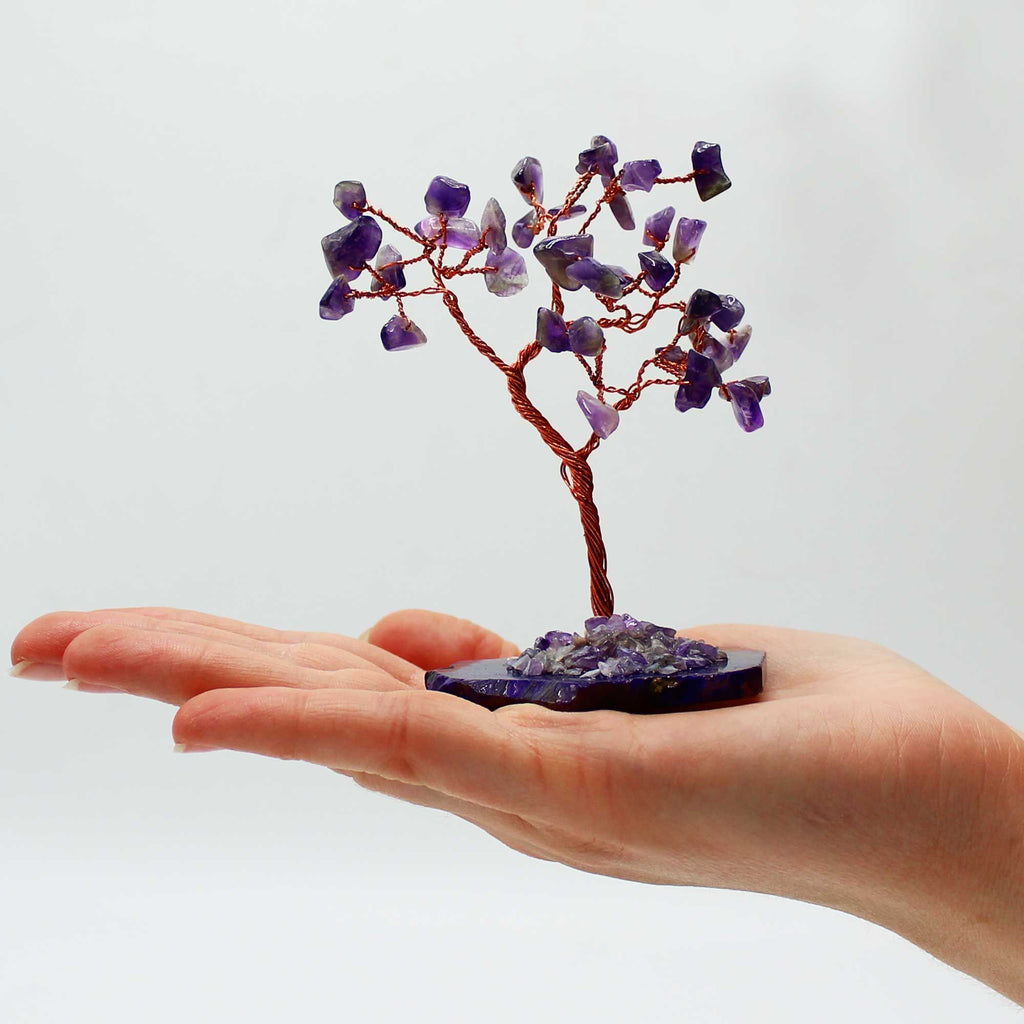Amethyst Gemstone Tree on Natural Agate Base with 35 Beautiful Stones
