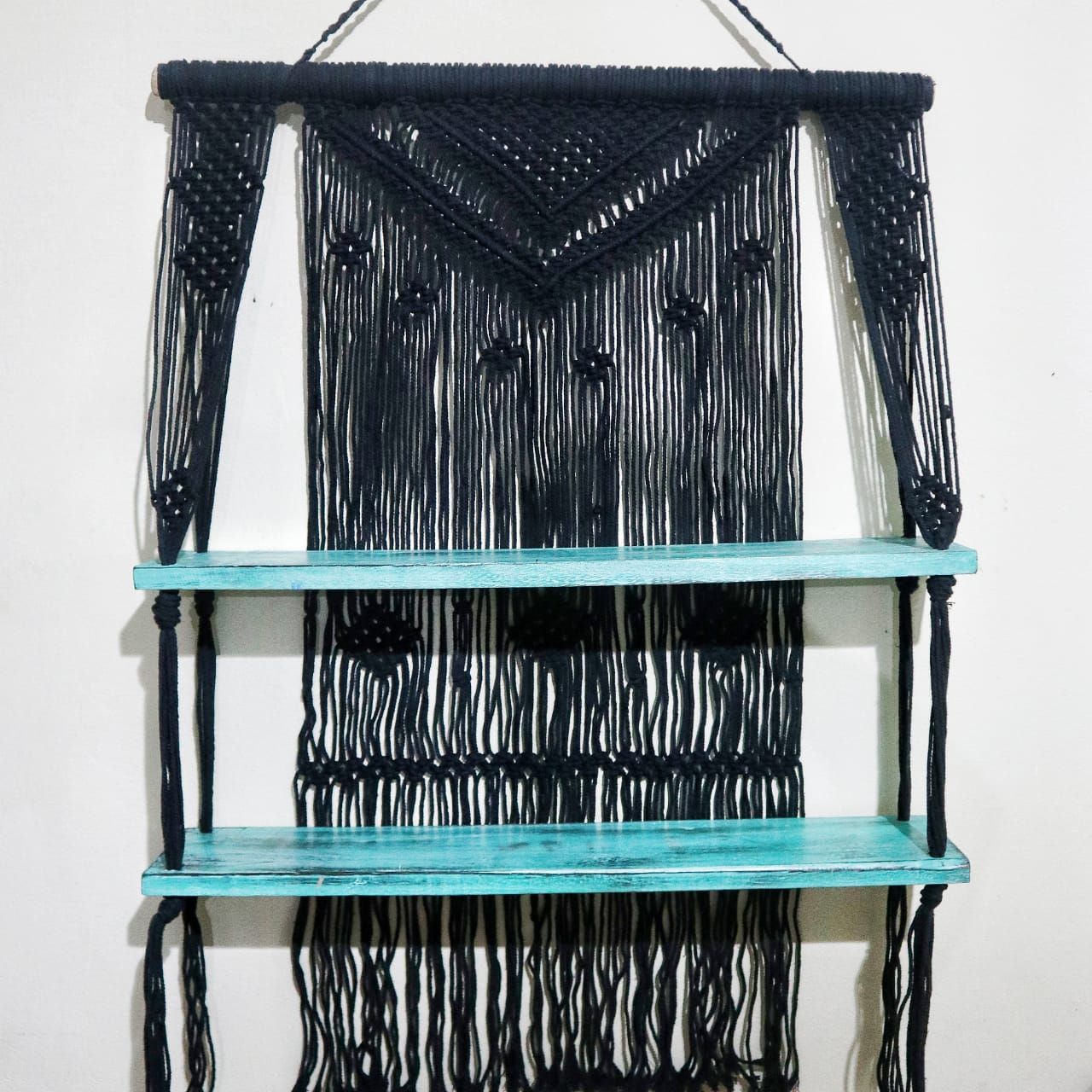 Black Macrame Hanging Shelves with Turquoise Accents for Decor