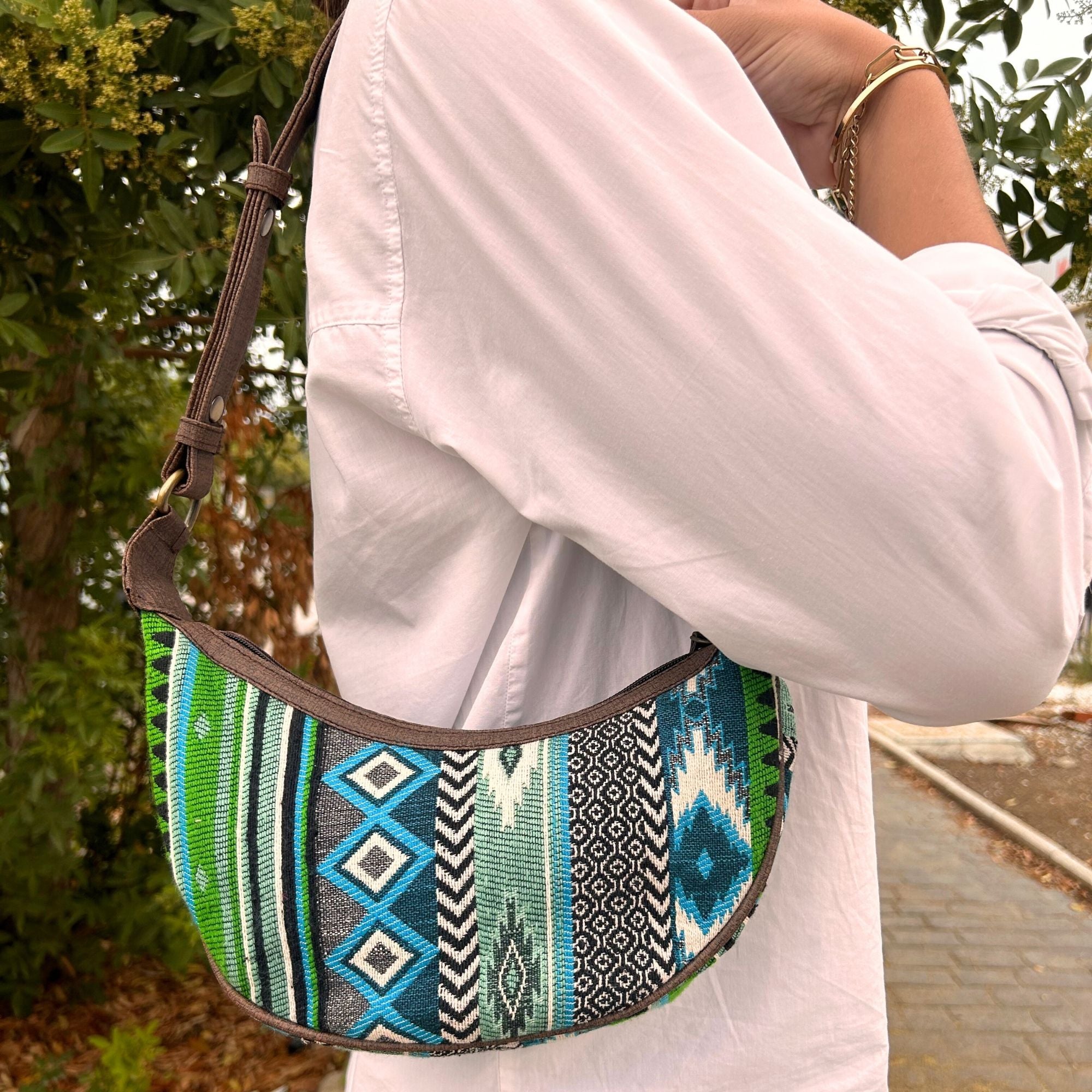 Jacquard Hobo Bag in Bold Greens with Stylish Brown Strap
