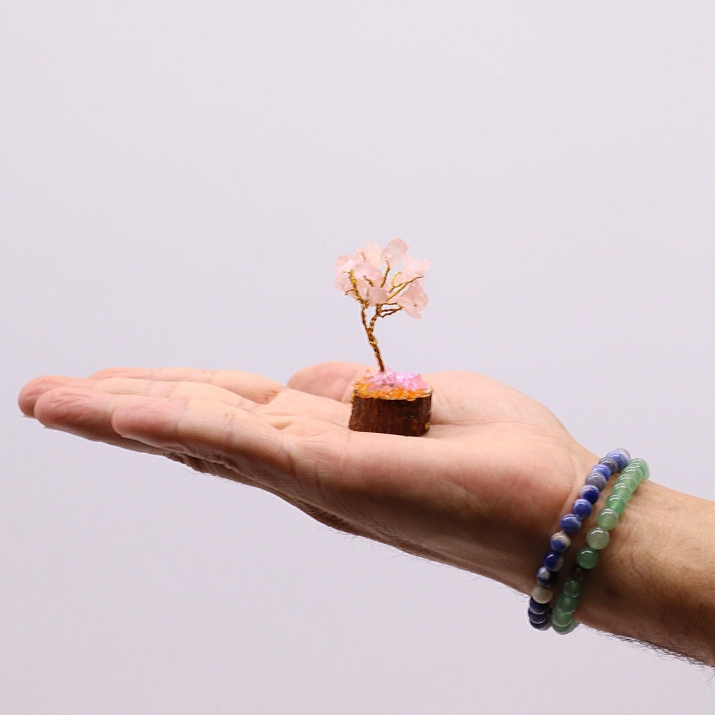 Mini Rose Quartz Gemstone Tree on Wooden Base with 15 Stones