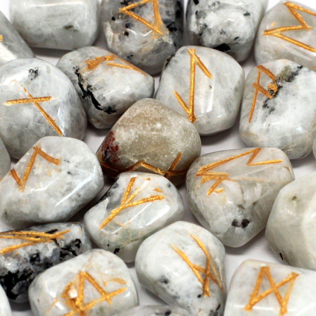 Rainbow Moonstone Runes Stone Set in Pouch for Mystical Use