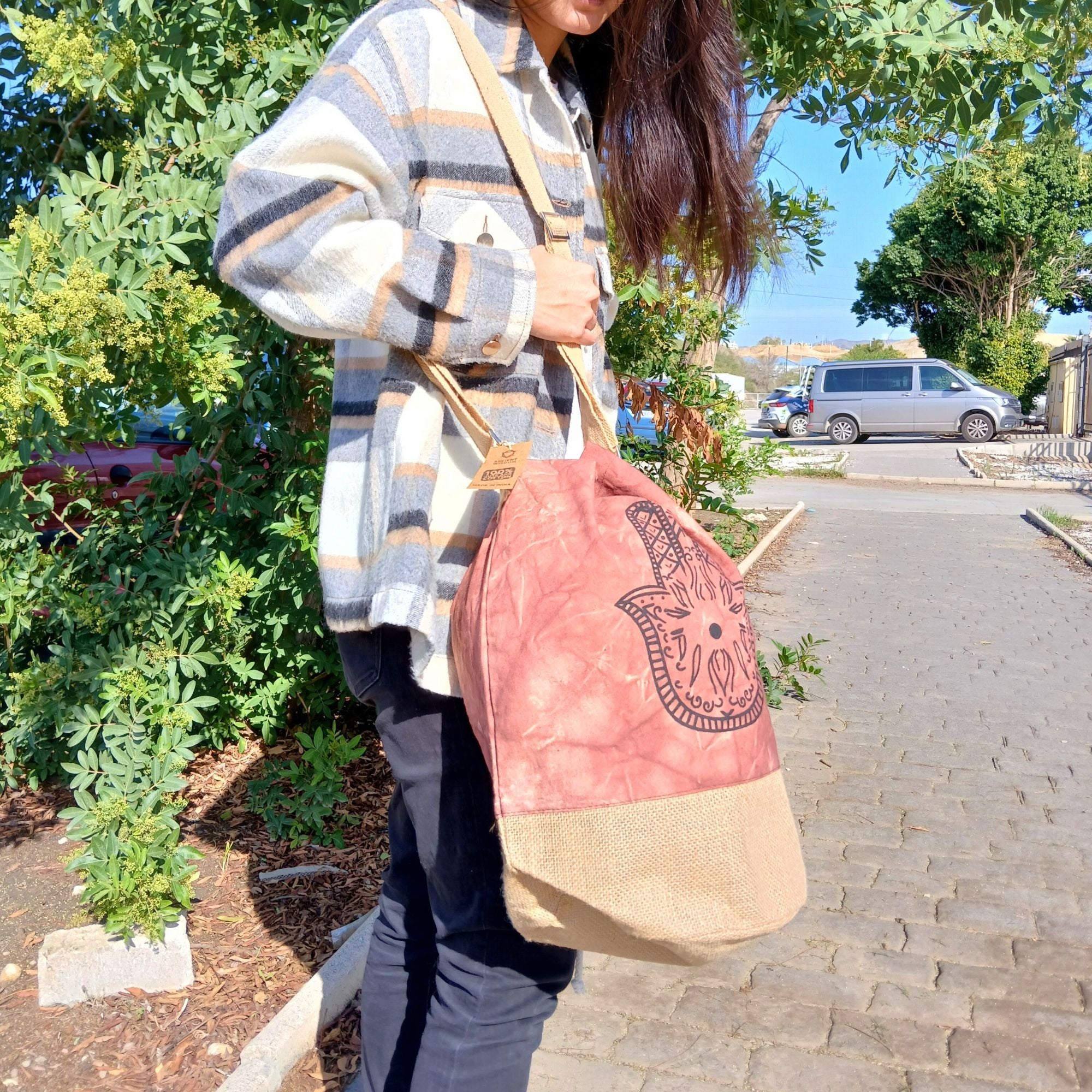 All Natural Backpack in Terracotta Stonewash with Hamsa Design