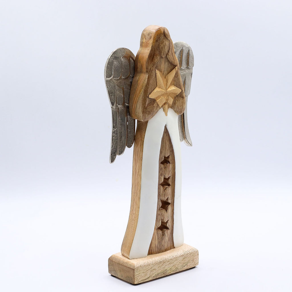 Large Mango Wood Star Angel with Metal Wings and Enamel Detail