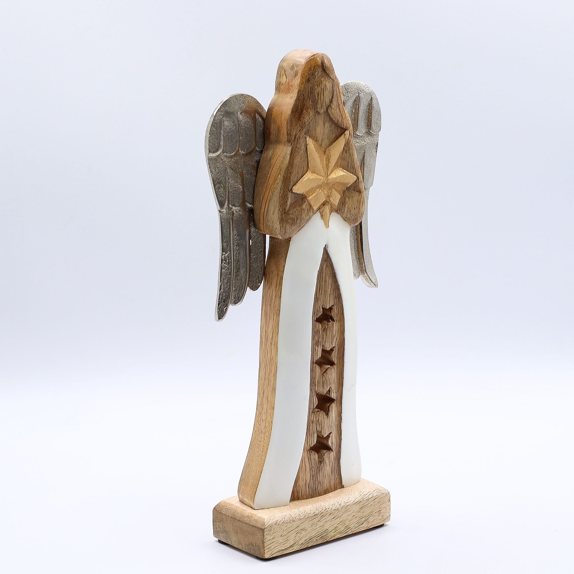 Large Mango Wood Star Angel with Metal Wings and Enamel Detail