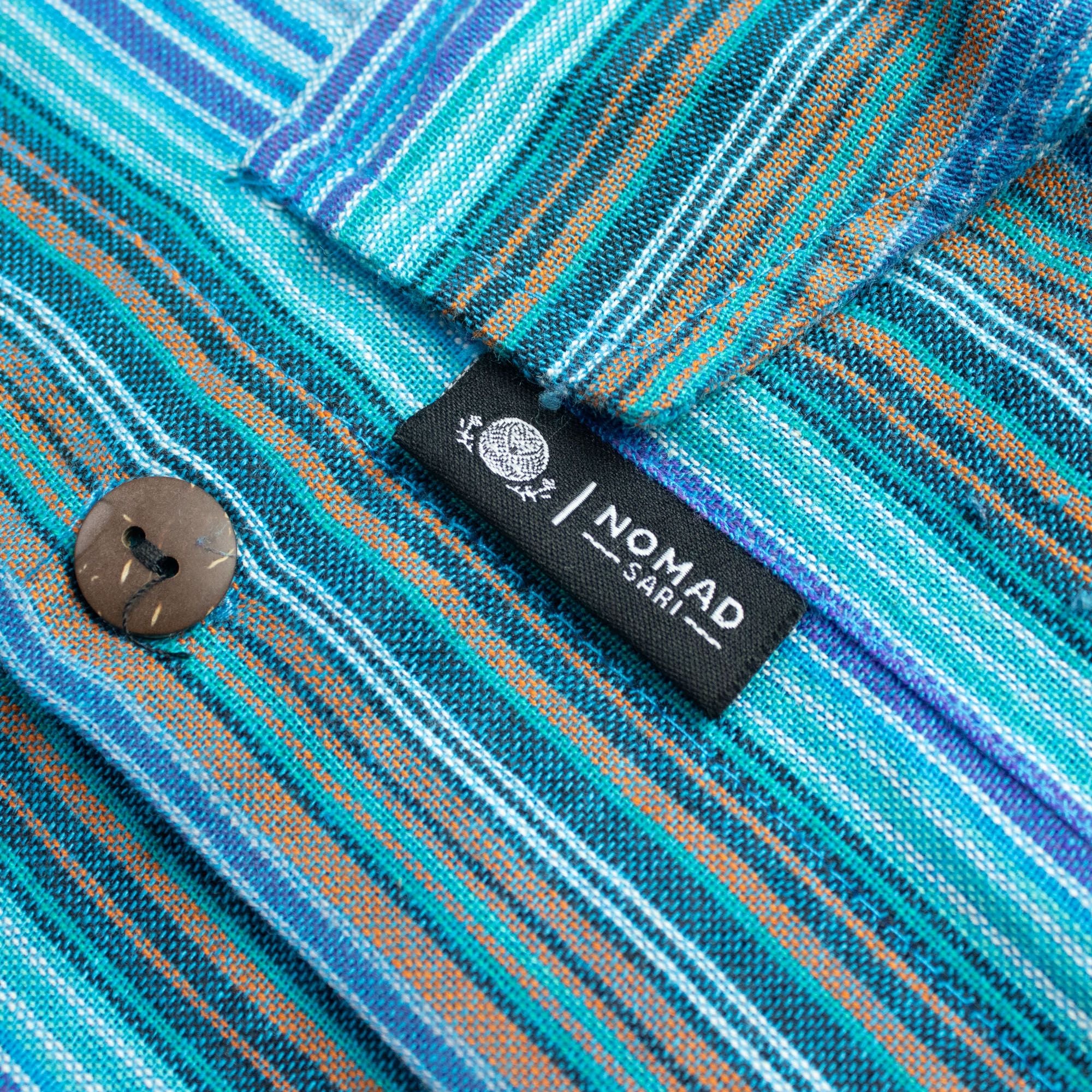 Nomad Sari Grandad Shirt in Turquoise with Striped Pattern