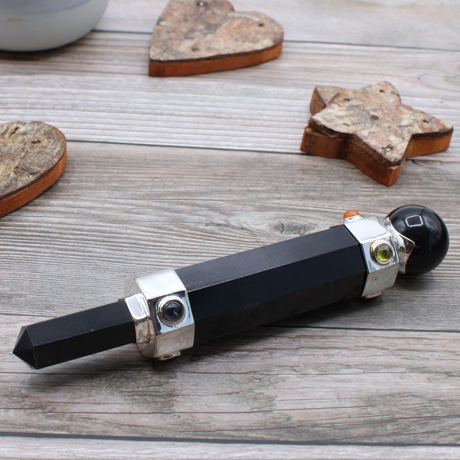 Hexagonal Black Agate Crystal Healing Wand 12cm for Display Use