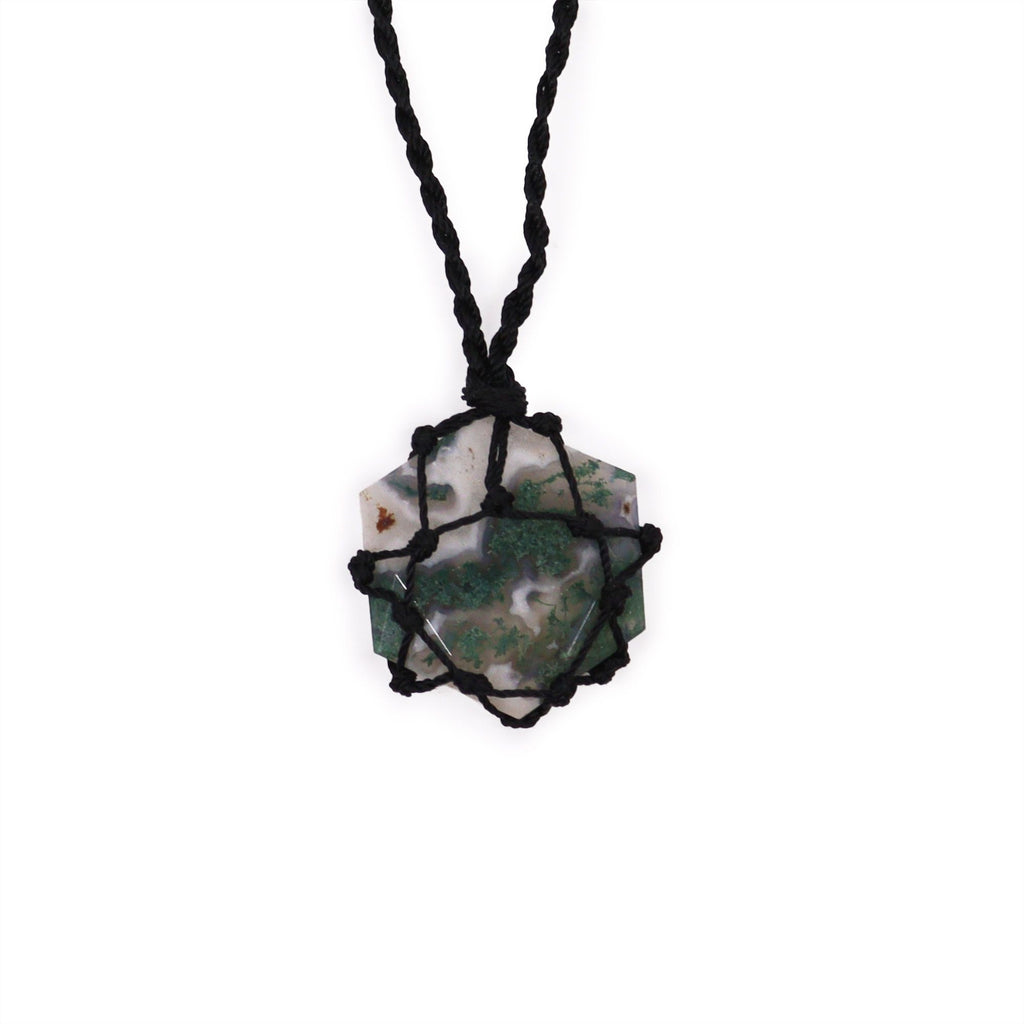 Moss Agate Laced Gemstone Hexagon Pendant with Unique Design