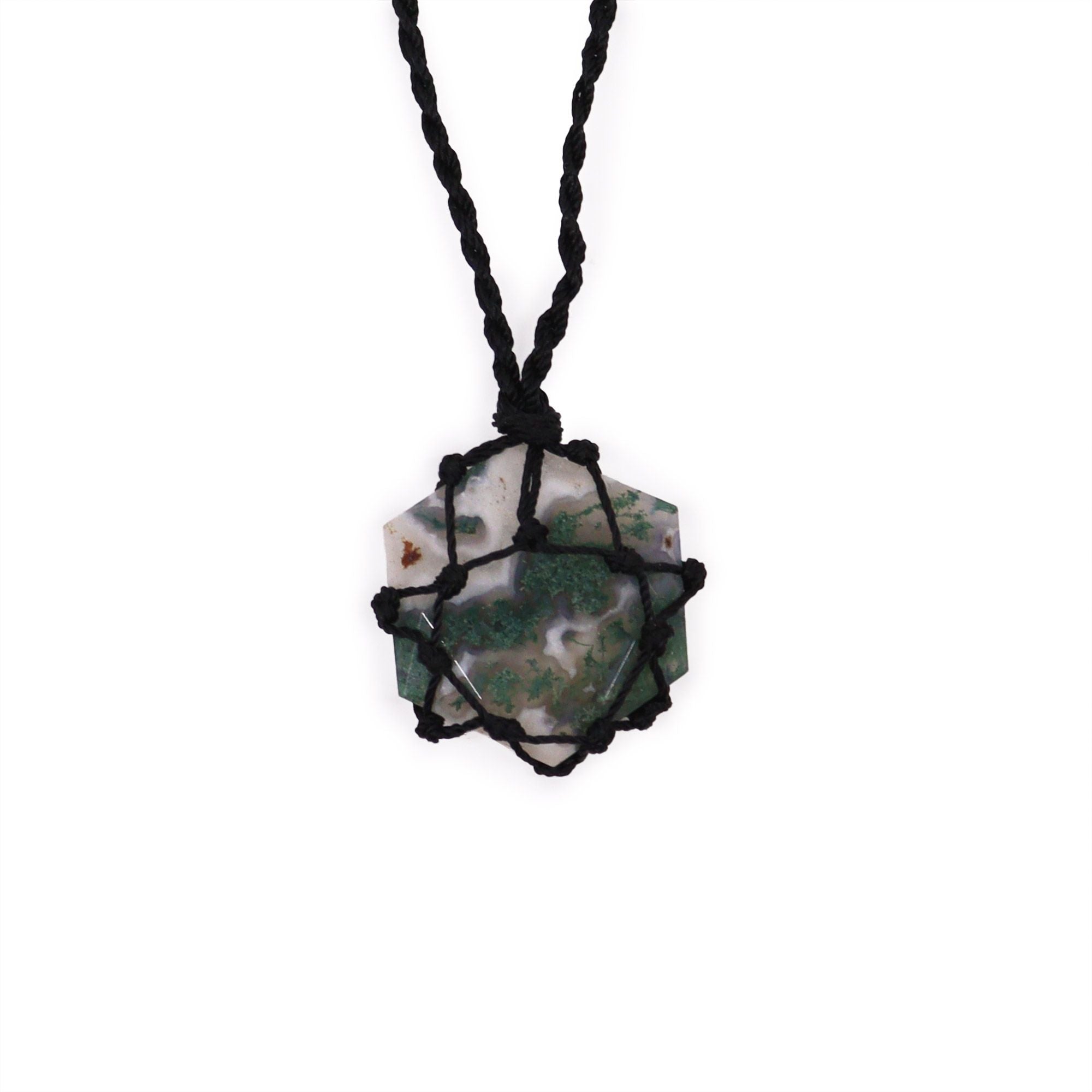 Moss Agate Laced Gemstone Hexagon Pendant with Unique Design
