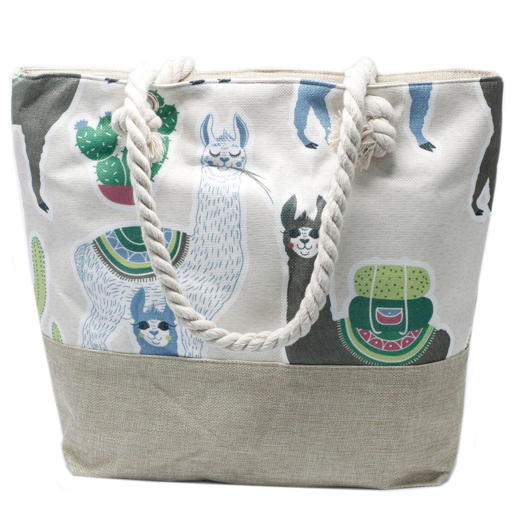 Rope Handle Bag Featuring Llamas in Vintage Green and Beige Tones