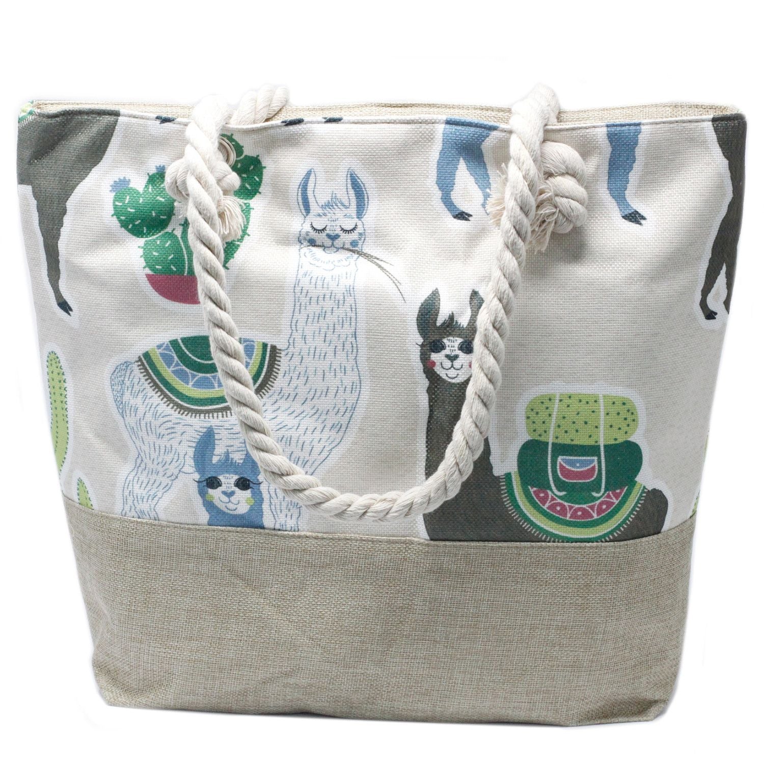 Rope Handle Bag Featuring Llamas in Vintage Green and Beige Tones