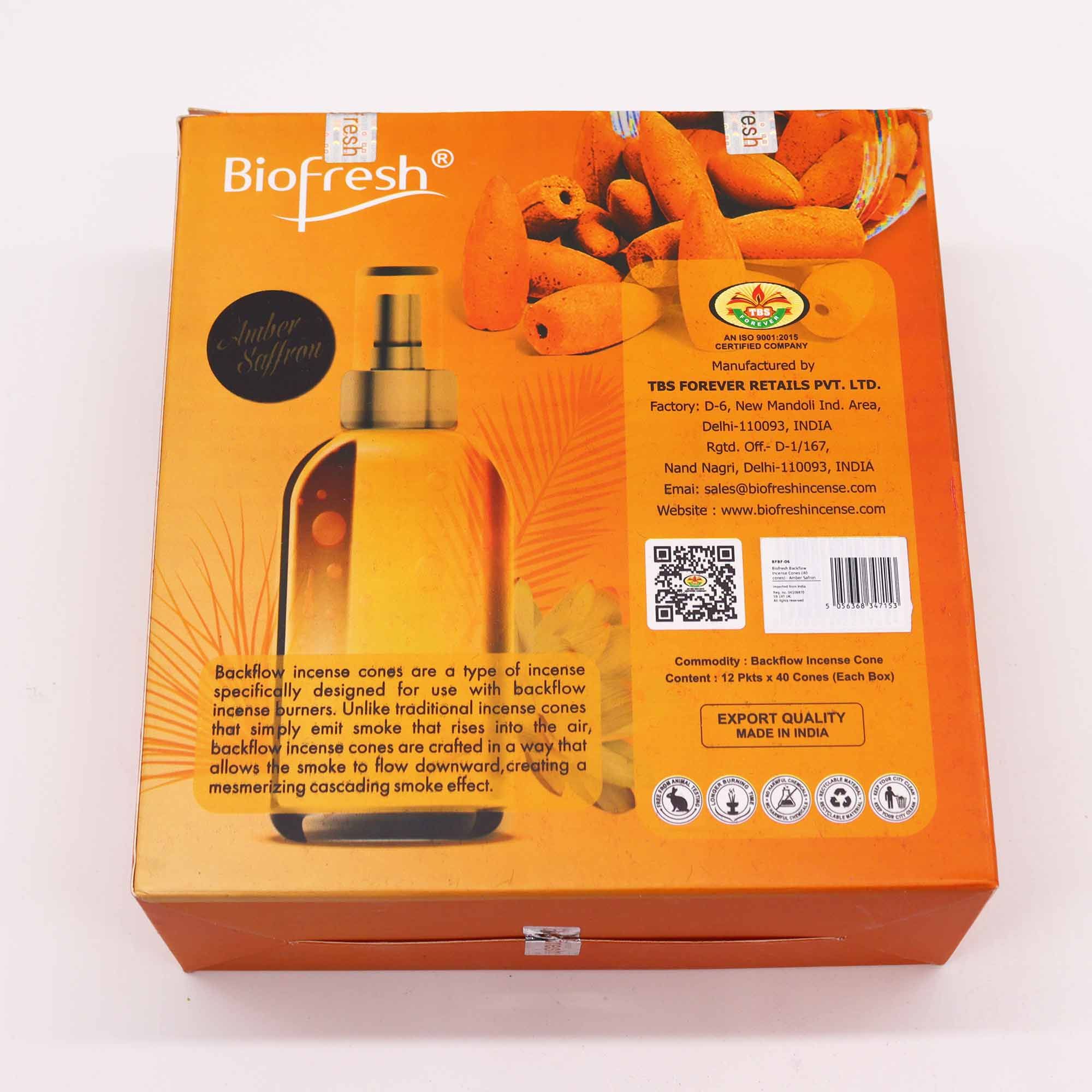 Biofresh Backflow Incense Cones Amber Saffron for Relaxation and Calm