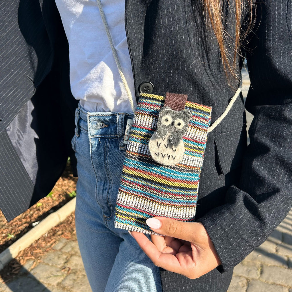 Handmade Phone Holder Bag with Stripes and White Owl Decor